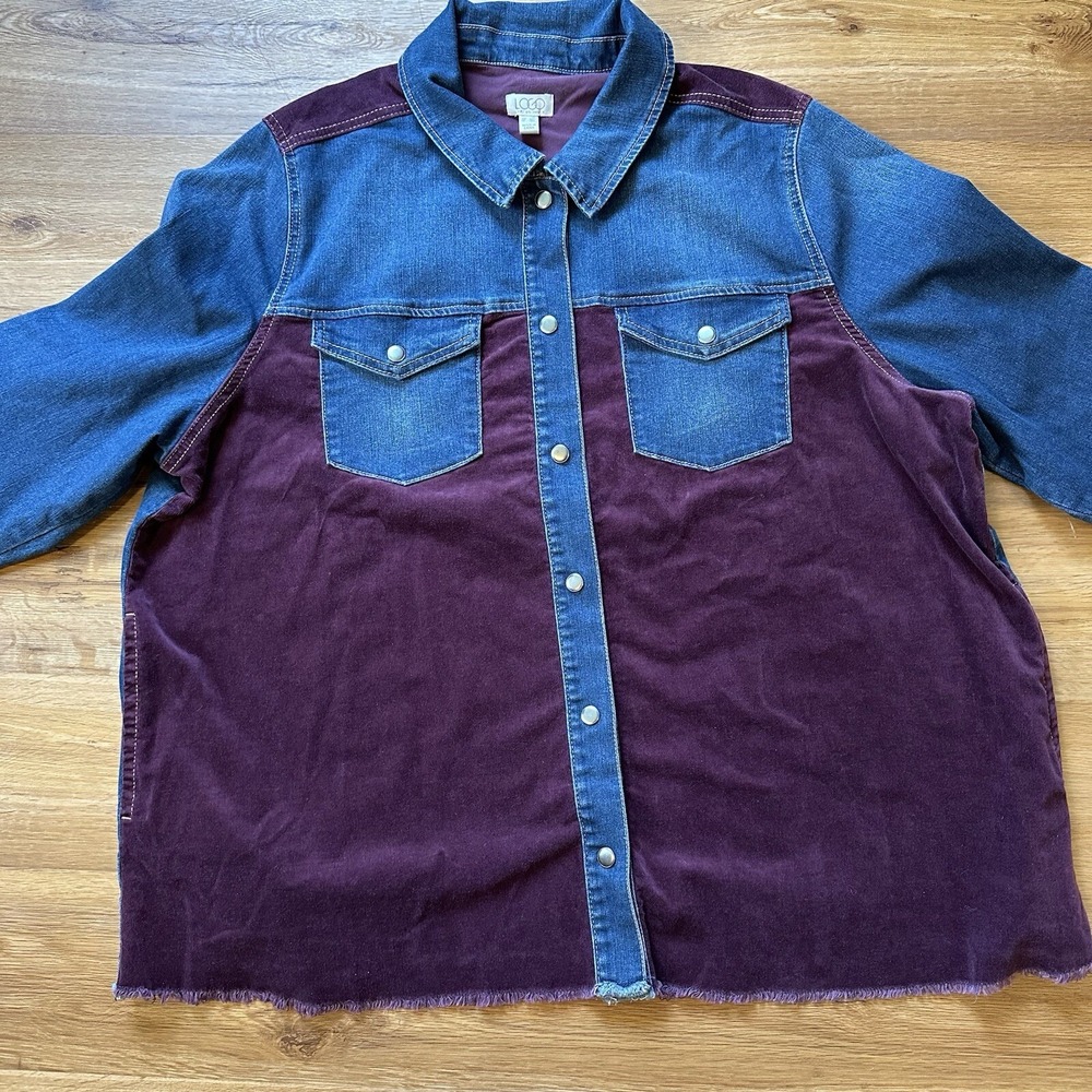 LOGO Lori Goldstein Denim Corduroy Jacket Womens 2X Cowboy Fringe Color Block - Picture 7 of 15